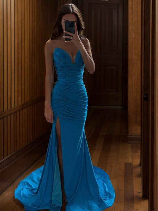 Elegant tight fitting/straight tube plain knit pleated sweetheart sleeveless and ground length prom dress