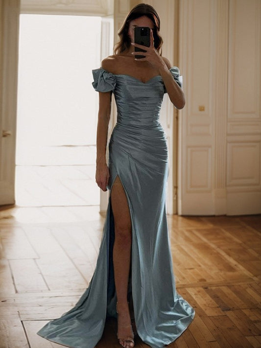 Noble tight fitting/straight tube satin pleated off shoulder sleeveless and ground length prom dress