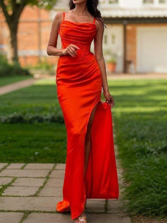 Minimalist thin shoulder strap with open shoulder and side slit, open back and floor length for evening dressing