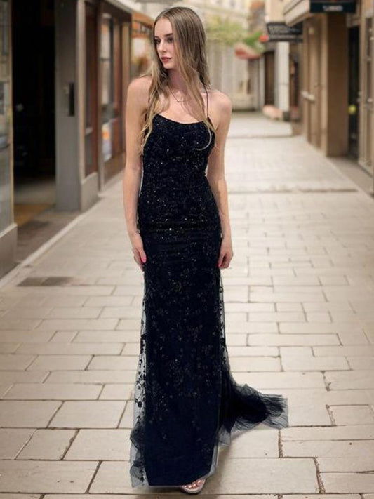Elegant black thin shoulder strap, backless strap, sequin chiffon, and floor length evening dress