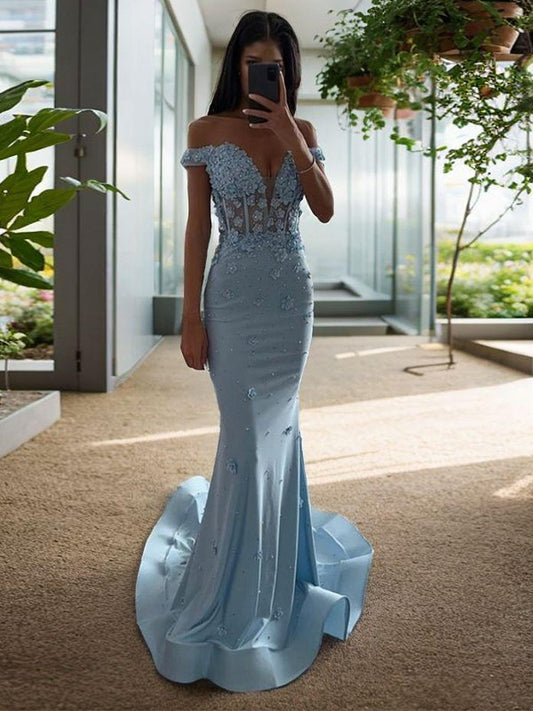Mermaid Sky Blue Lace Applique Ball Dress Off Shoulder and Floor Length Evening Dress