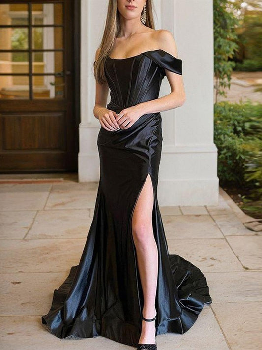 Elegant Black Off Shoulder Short Sleeve Satin Ball Dress Black Off Back Side Split Evening Dress