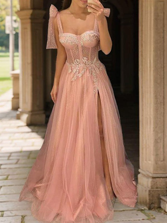 A-shaped Sweetheart Sticker Lace sheer off shoulder corset and floor length evening dress