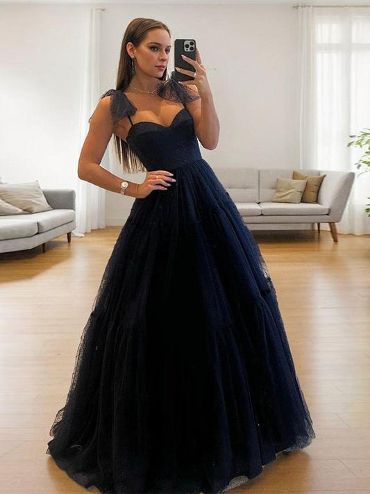 A-line thin shoulder strap bow and ground length sheer prom dress