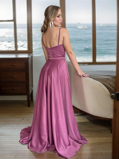A-line thin shoulder strap elastic woven satin and floor length evening dress