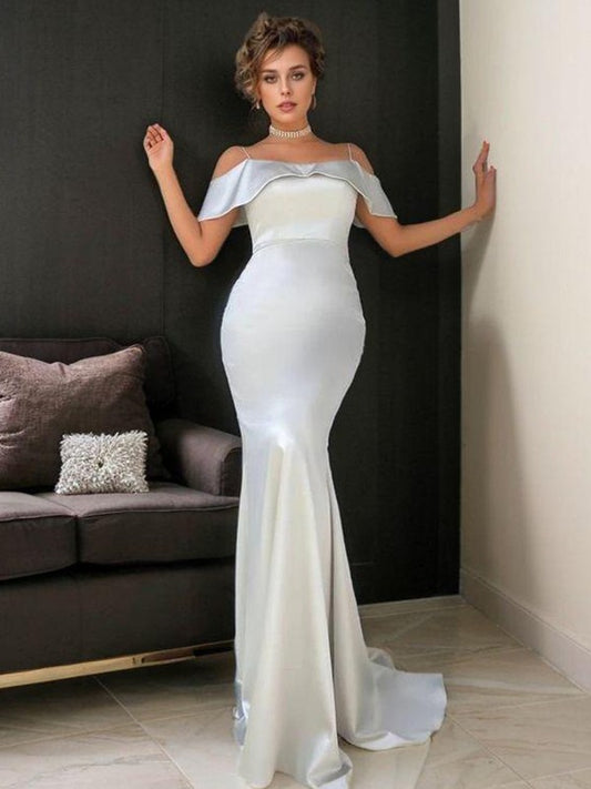 Tight off shoulder and floor length stretch woven satin prom dress