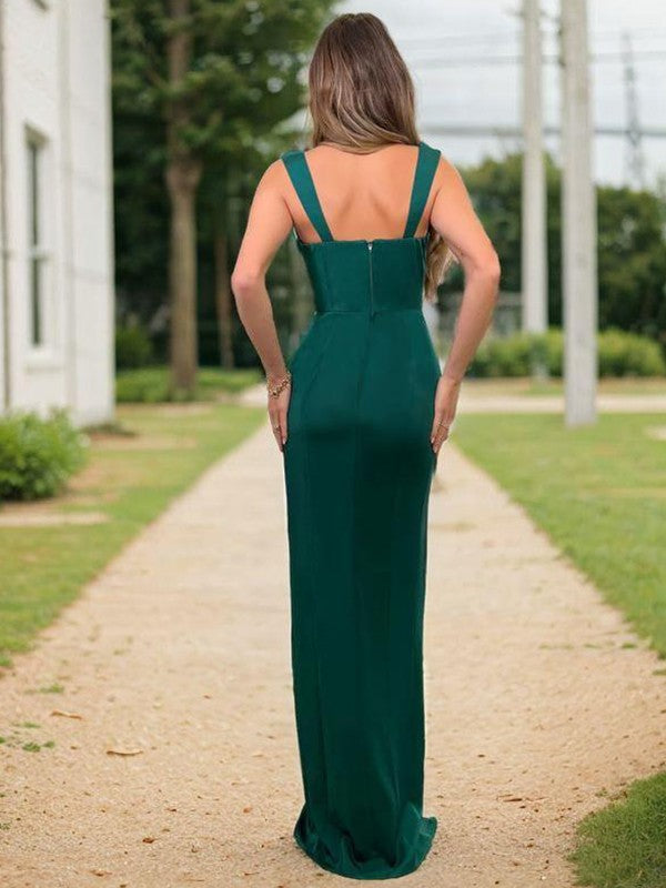 Tight shoulder straps and floor length elastic woven satin evening dress