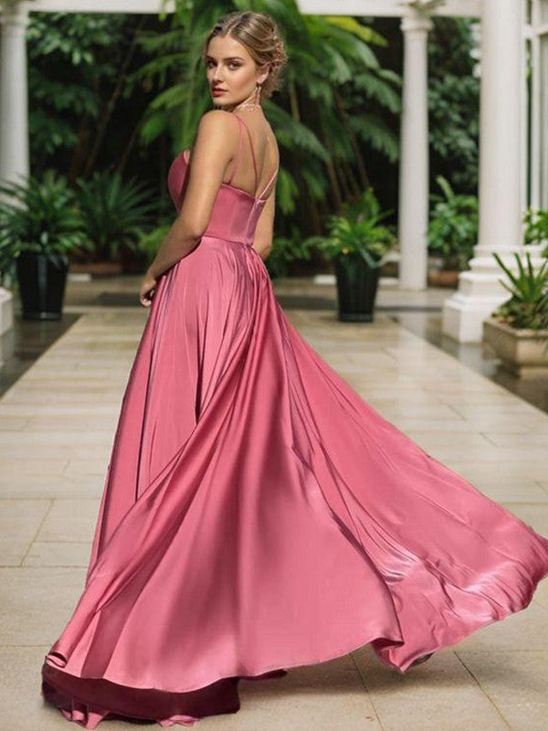 A-line thin shoulder strap pleats and floor length stretch woven satin evening dress