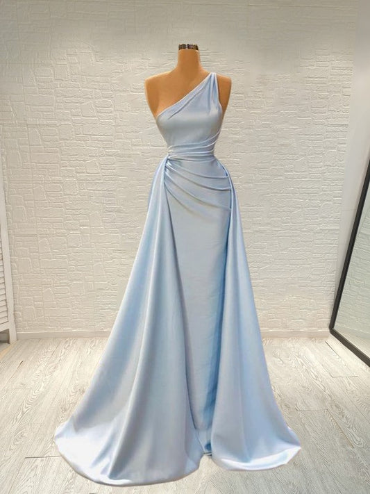 Tight fit straight stretch woven satin pleated one shoulder sleeveless and floor length prom dress