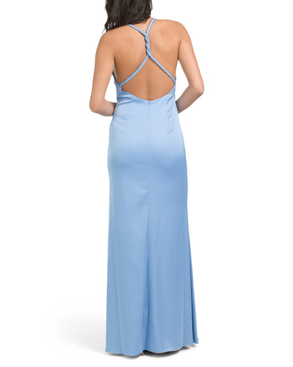 Thin shoulder strap V-neck front slit satin backless prom dress