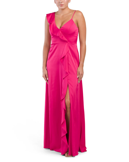 Off the shoulder sleeveless one shoulder ruffled satin and ground length front slit prom dress