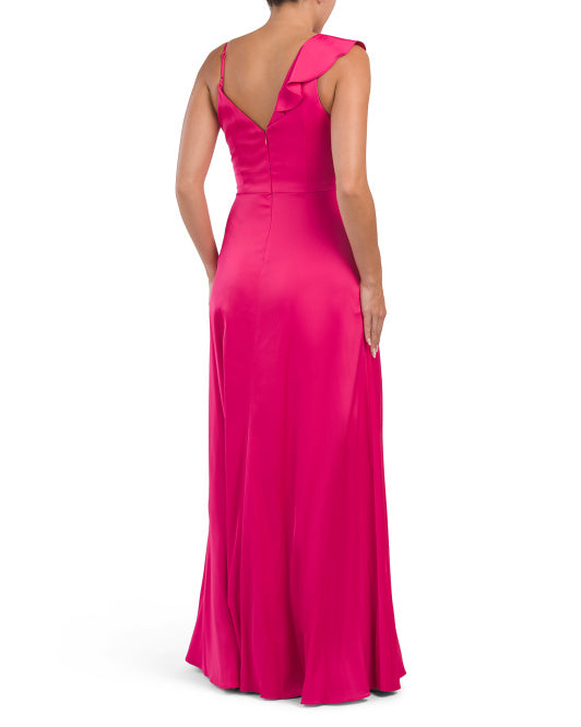 Off the shoulder sleeveless one shoulder ruffled satin and ground length front slit prom dress