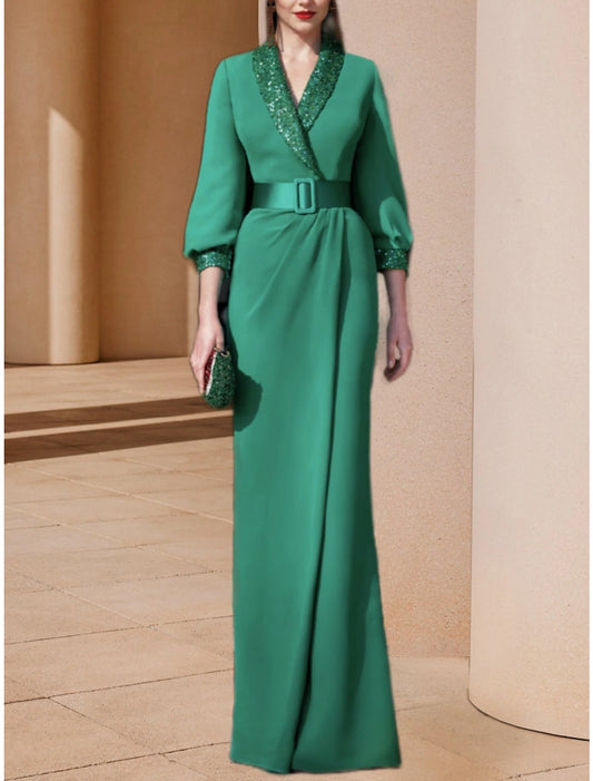 A-Line Mother of the Bride Dress Wedding Guest Elegant V Neck Sweep / Brush Train Stretch Chiffon 3/4 Length Sleeve with Sequin Ruching