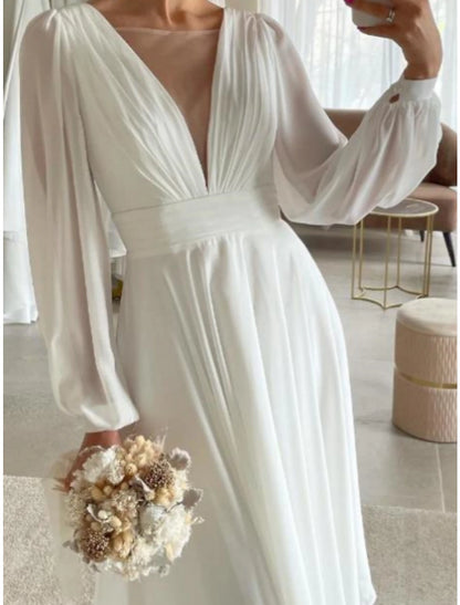 Little White Dresses Wedding Dresses A-Line Illusion Neck Long Sleeve Knee Length Chiffon Bridal Gowns With Pleats Solid Color