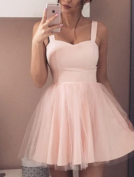 A-Line Cocktail Dresses Party Dress Wedding Guest Homecoming Short / Mini Sleeveless Sweetheart Pink Dress Tulle with Pleats