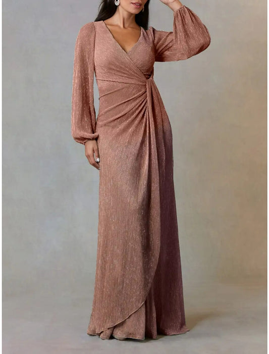 A-Line Mother of the Bride Dress Wedding Guest Elegant Simple V Neck Floor Length Chiffon Long Sleeve with Ruching Solid Color