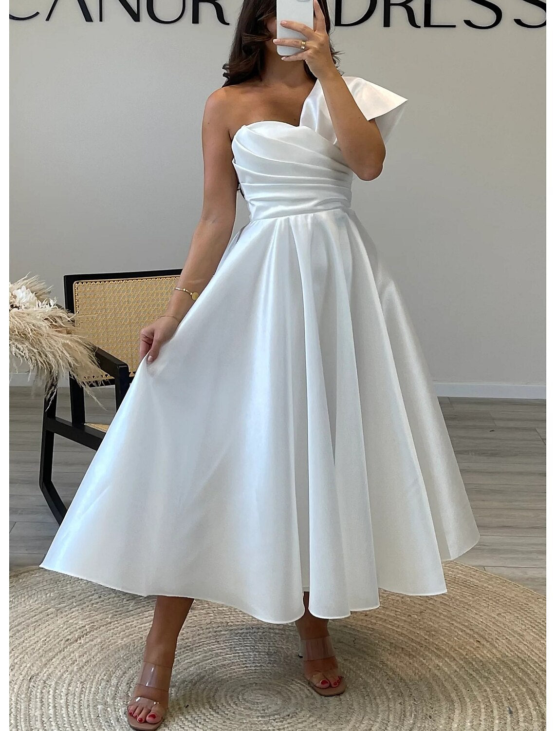 A-Line Cocktail Dresses Elegant Dress Formal Prom Ankle Length 3/4 Length Sleeve One Shoulder Satin with Ruched
