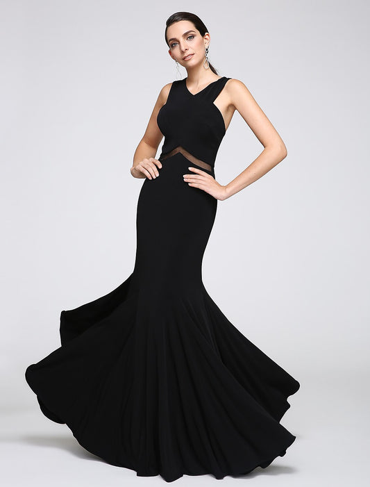 Mermaid / Trumpet Cross Front / Y Neck Floor Length Jersey Minimalist Holiday / Cocktail Party / Formal Evening Dress with Lace