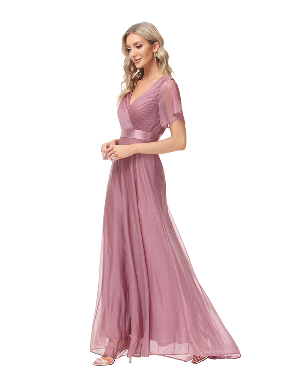 A-Line Evening Gown Party Dress Empire Dress Wedding Guest Prom Floor Length Short Sleeve V Neck Bridesmaid Dress Tulle with Ruched Ruffles
