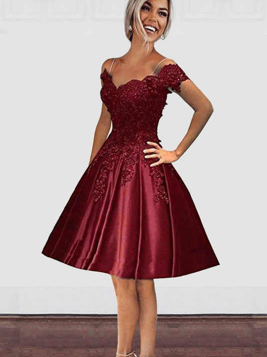 A-Line Off-the-Shoulder Cut Short With Applique Satin Burgundy Homecoming Dresses