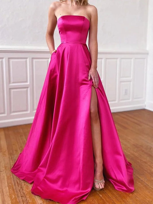 Sweet purple red A-line satin ruffled edge sleeveless and floor length prom dress