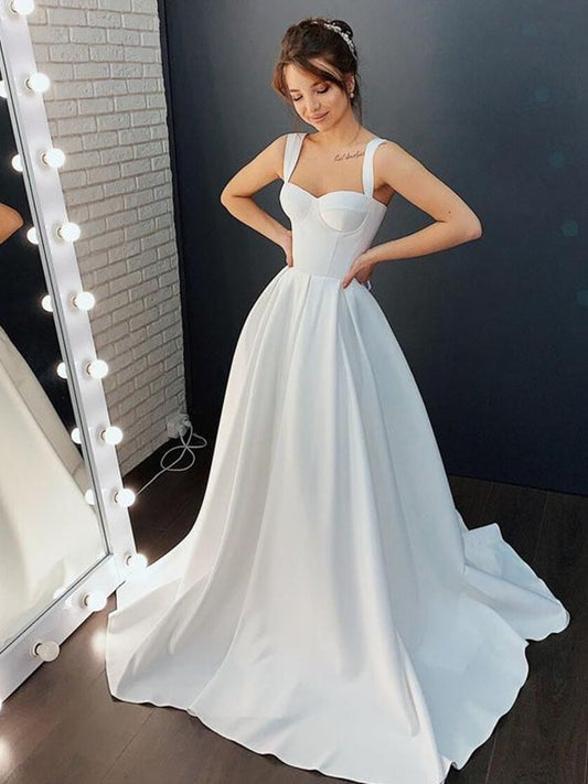 A-Line/Princess Satin Ruffles Straps Sleeveless Sweep/Brush Train Wedding Dresses
