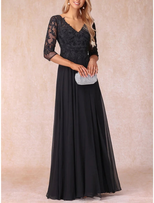 A-Line Mother of the Bride Dress Wedding Guest Elegant V Neck Floor Length Chiffon Lace 3/4 Length Sleeve with Ruching Solid Color