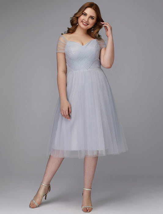 A-Line Elegant Dress Wedding Guest Cocktail Party Tea Length Short Sleeve Off Shoulder Tulle with Sash / Ribbon Criss Cross