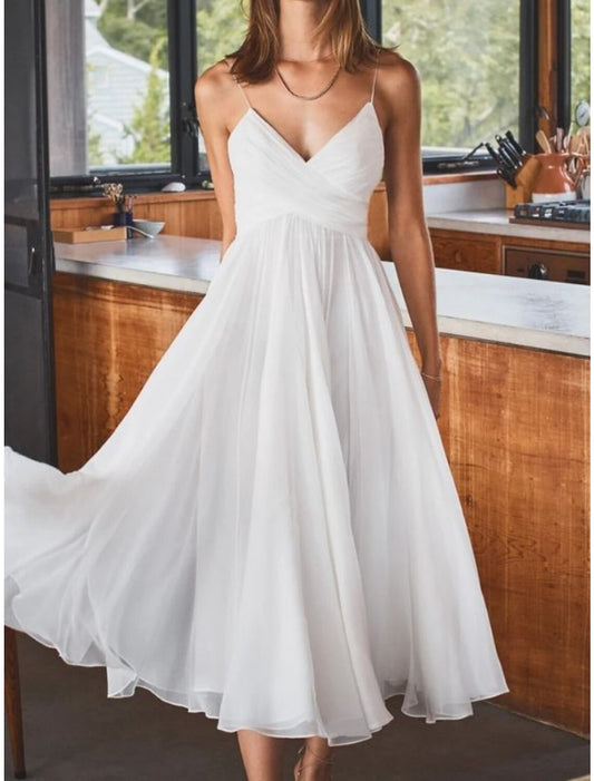 Simple Wedding Dresses Wedding Dresses A-Line V Neck Long Sleeve Tea Length Chiffon Bridal Gowns With Pleats Solid Color