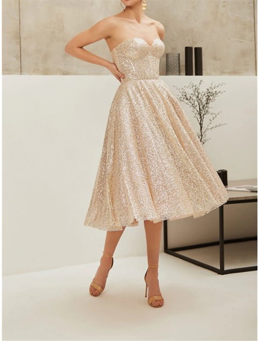 A-Line Cocktail Dresses Party Dress Party Wear Engagement Knee Length Sleeveless Strapless Sequined with Pleats Sequin