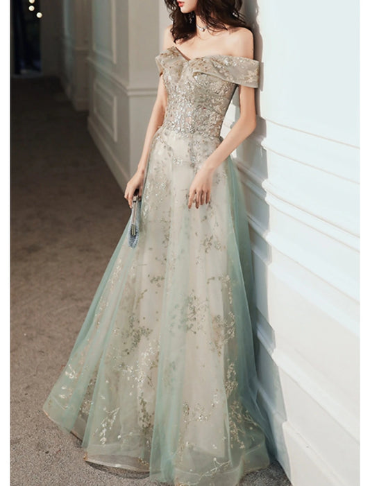 A-Line Evening Gown Elegant Dress Wedding Guest Engagement Floor Length Short Sleeve Off Shoulder Tulle with Sequin