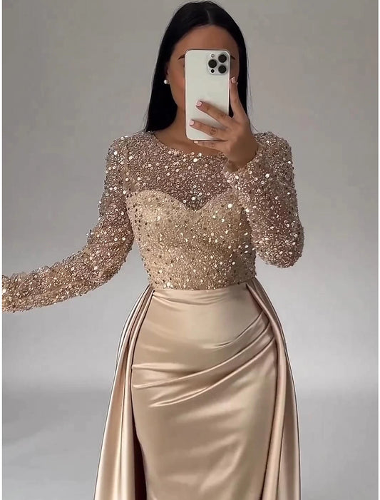 Mermaid Sequin Evening Gown Ruched Satin Dress Long Sleeves Floor Length Sparkle Illusion Neck Fall Wedding Guest Dress with Pearls Overskirt