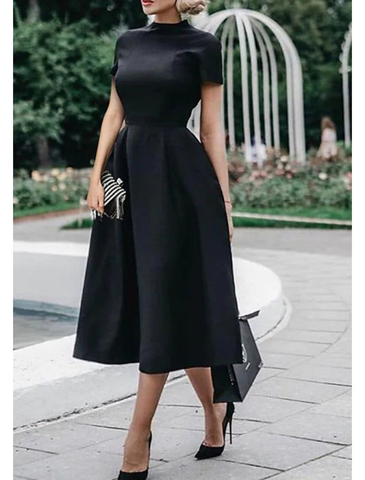 A-Line Wedding Guest Dresses Minimalist Dress Party Dress Wedding Party Tea Length Short Sleeve High Neck Stretch Satin with Pleats Pure Color