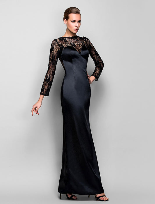 Sheath / Column See Through Vintage Inspired Formal Evening Military Ball Dress Illusion Neck Long Sleeve Floor Length Lace Stretch Satin with Split Front