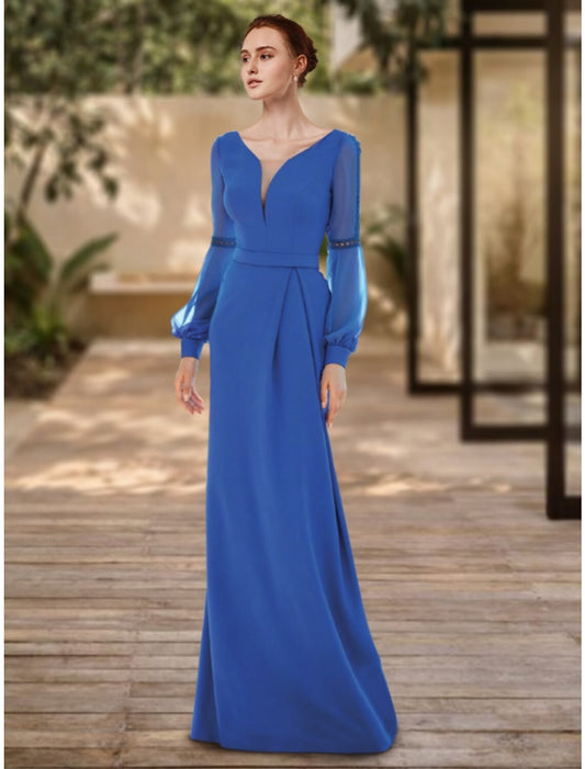 Sheath / Column Evening Gown Elegant Dress Formal Floor Length Long Sleeve V Neck Stretch Chiffon with Pleats