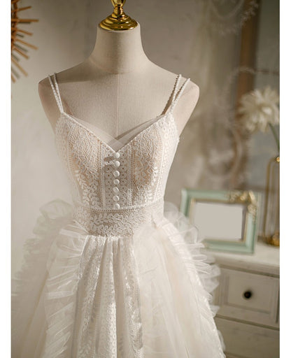 Unique and Sexy Ivory Lace Thin Shoulder Strap Sleeveless Open Birthday Party Dress Ivory A-line/Princess Open Back Bow Lace Flower Cocktail Dress