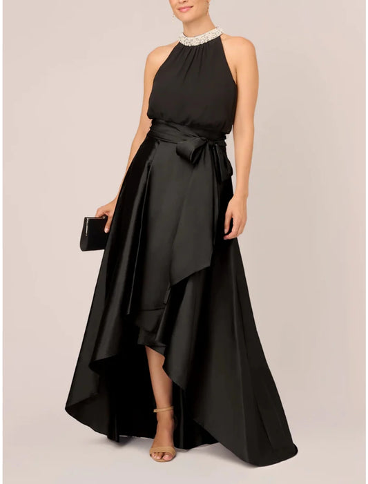 A-Line Wedding Guest Dresses Elegant Dress Formal Fall Asymmetrical Sleeveless Jewel Neck Satin with Bow(s) Pleats Crystals