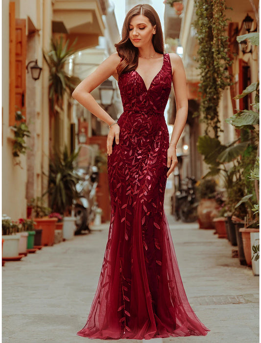 Mermaid Dress Sparkle Christmas Red Green Dress Prom Formal Evening Valentine‘s Day Dress V Neck V Back Sleeveless Floor Length Tulle with Sequin Appliques