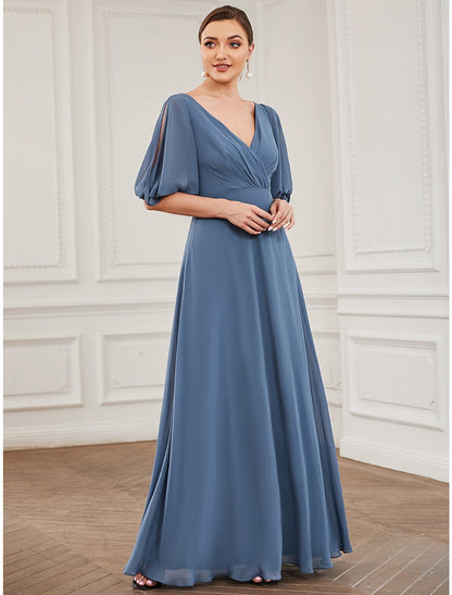 A-Line Evening Gown Minimalist Dress Wedding Guest Prom Floor Length Half Sleeve V Neck Chiffon with Pleats