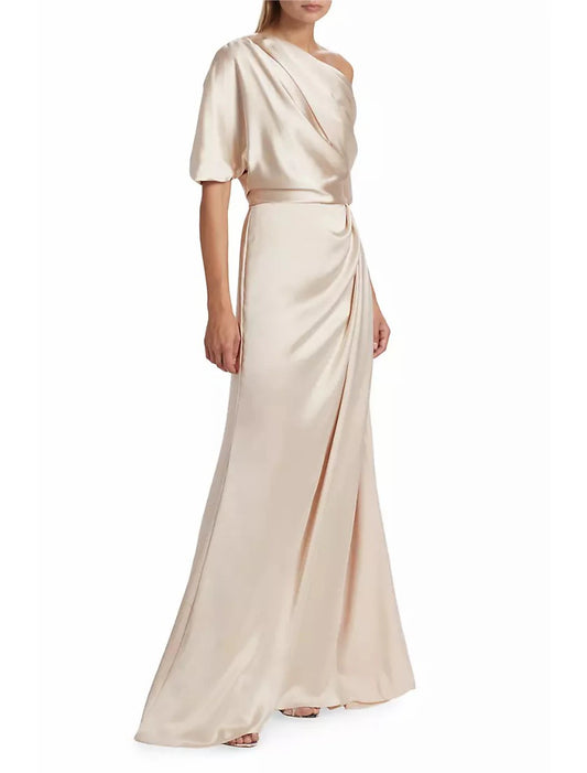 A-Line Mother of the Bride Dress Formal Wedding Guest Elegant Simple Off Shoulder Floor Length Charmeuse Short Sleeve with Side Draping Side-Draped Solid Color