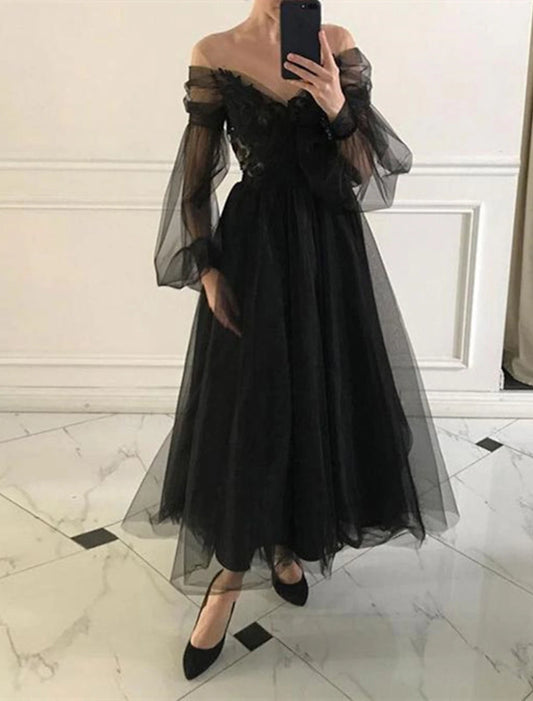 A-Line Cocktail Black Dress Vintage Dress Prom Wedding Party Ankle Length Long Sleeve V Neck Tulle with Beading Appliques