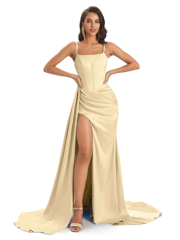 Sexy Soft Satin Side Slit Spaghetti Straps Long Mermaid Unique Bridesmaid Dresses