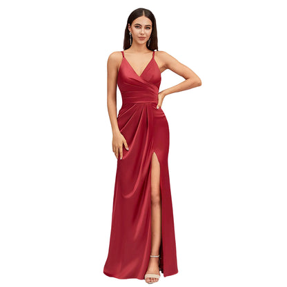 Sexy Spaghetti Straps V-Neck Long Silky Soft Satin Bridesmaid Dresses With Slit