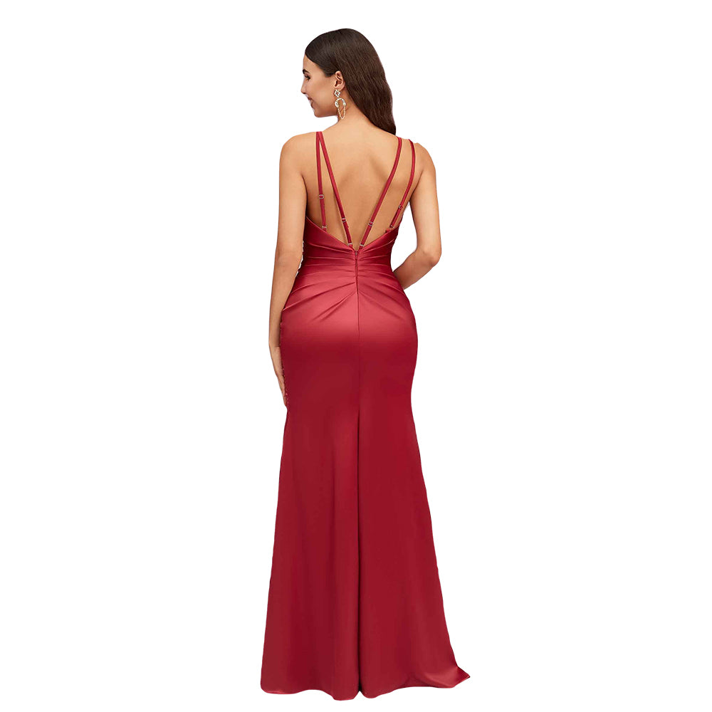 Sexy Spaghetti Straps V-Neck Long Silky Soft Satin Bridesmaid Dresses With Slit