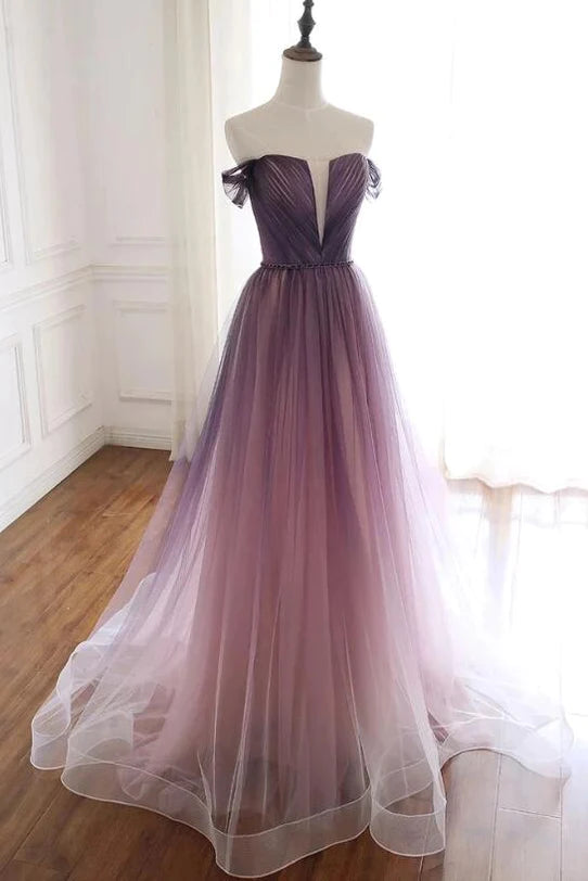 Elegant gradient purple shoulder transparent short sleeved beaded belt ball dress gradient purple deep V-neck backless everning dress