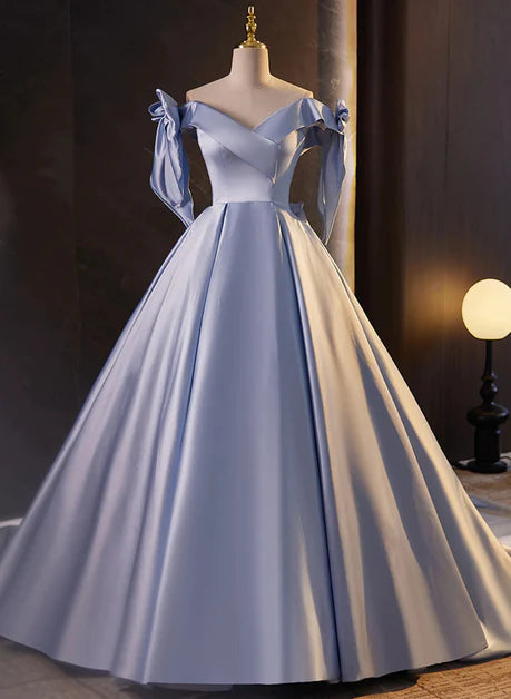 Blue Satin Ball Gown Off Shoulder Long Evening Dresses, Blue Satin Prom Dress