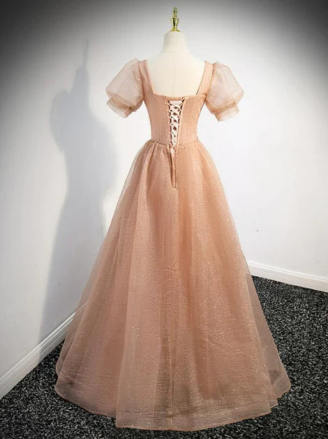 Unique/beautiful pink short sleeved sheer party dress, A-line lace beaded sequin fluffy short sleeved long evening dress