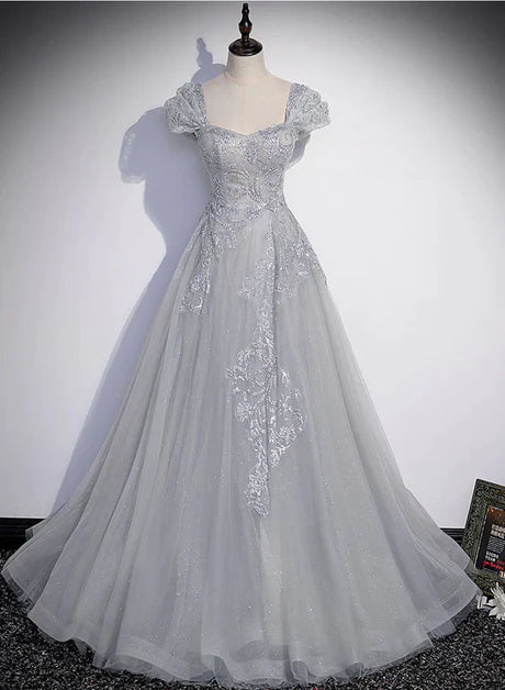 Elegant grey beaded sequin A-line sheer short sleeved long dress, grey sheer lace and floor to ceiling evening dress