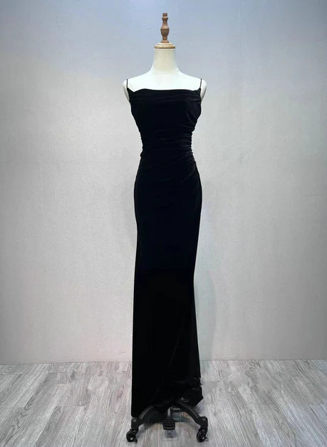 Black velvet A-line shoulder strap wedding dress, black sleeveless backless long evening dress