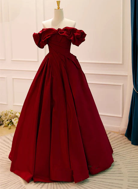 Wine red A-shaped sweetheart dress, wine red satin off shoulder princess ruffled edge sleeveless tight fitting corset with hanging neck long evening dress